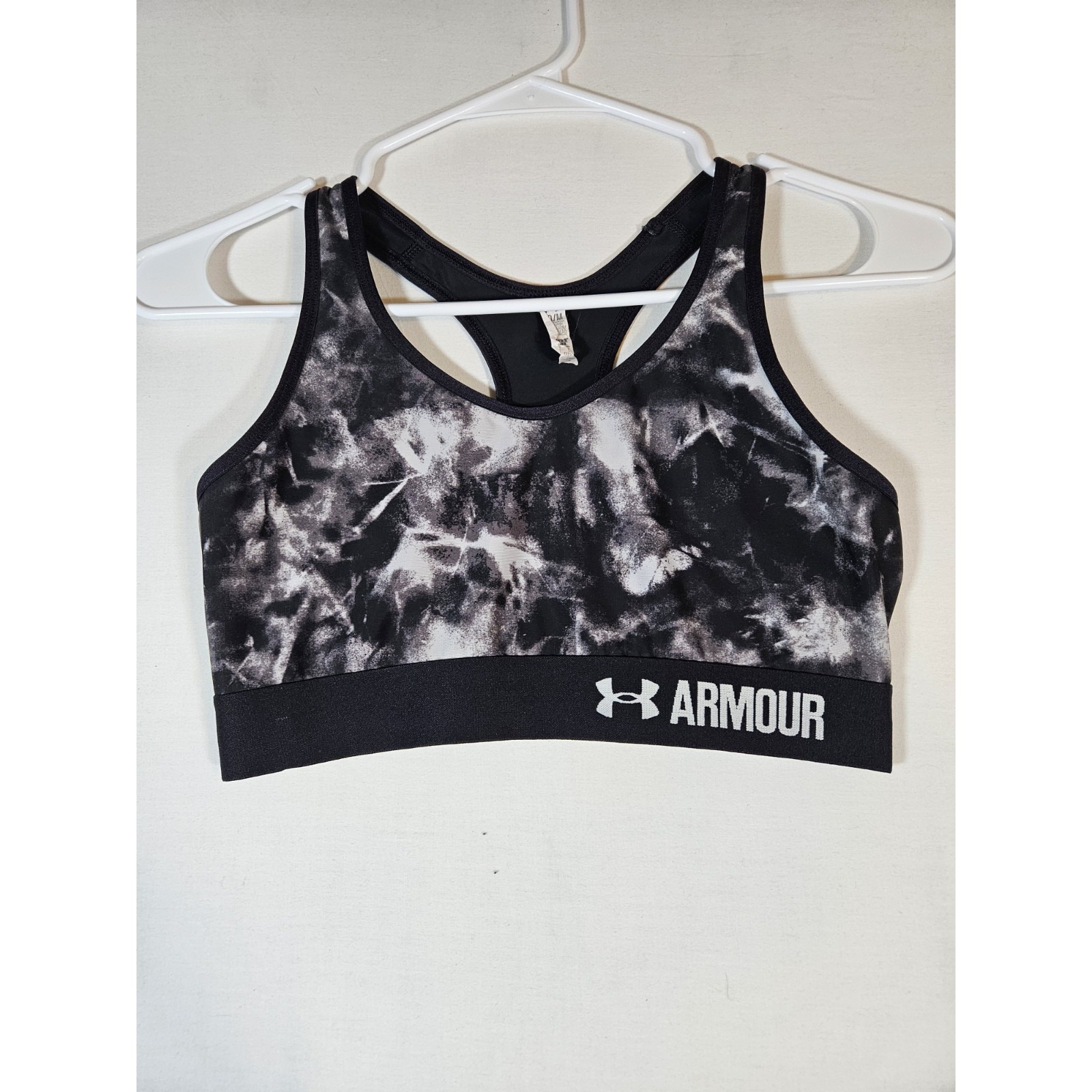 Under Armour Heat Gear Womens Sports Bra Black Gray Splatter Tie Die M Workout